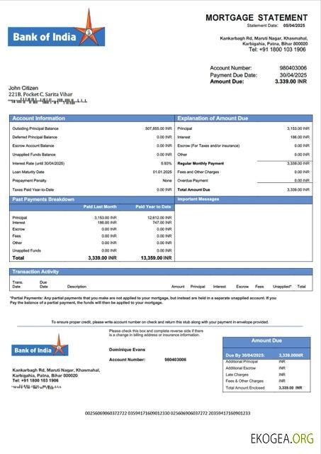 Modèle Word et PDF de relevé hypothécaire de la Bank of India de l'Inde
